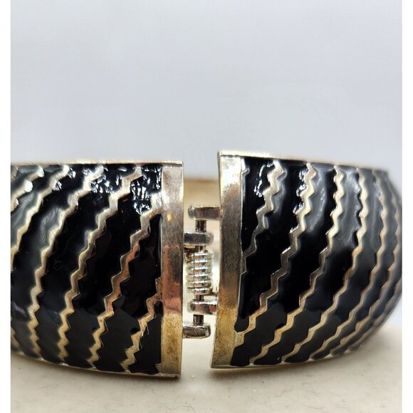 Vintage Silver Tone Bracelet Black Enamel With Silver Stripes Hinged - Picture 3 of 3